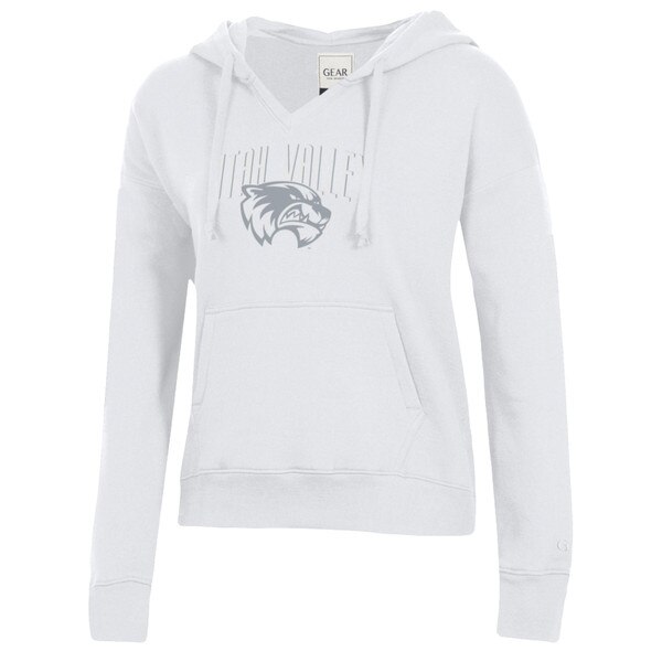 white hood with small V neck with Utah Valley and a grey wolverine logo screen printed on the front